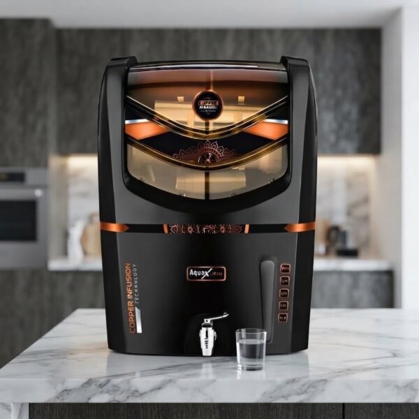 AquaX Crux Advanced Black & Gold  Copper RO+UV+Alkaline Water Purifier for Modern Kitchens
